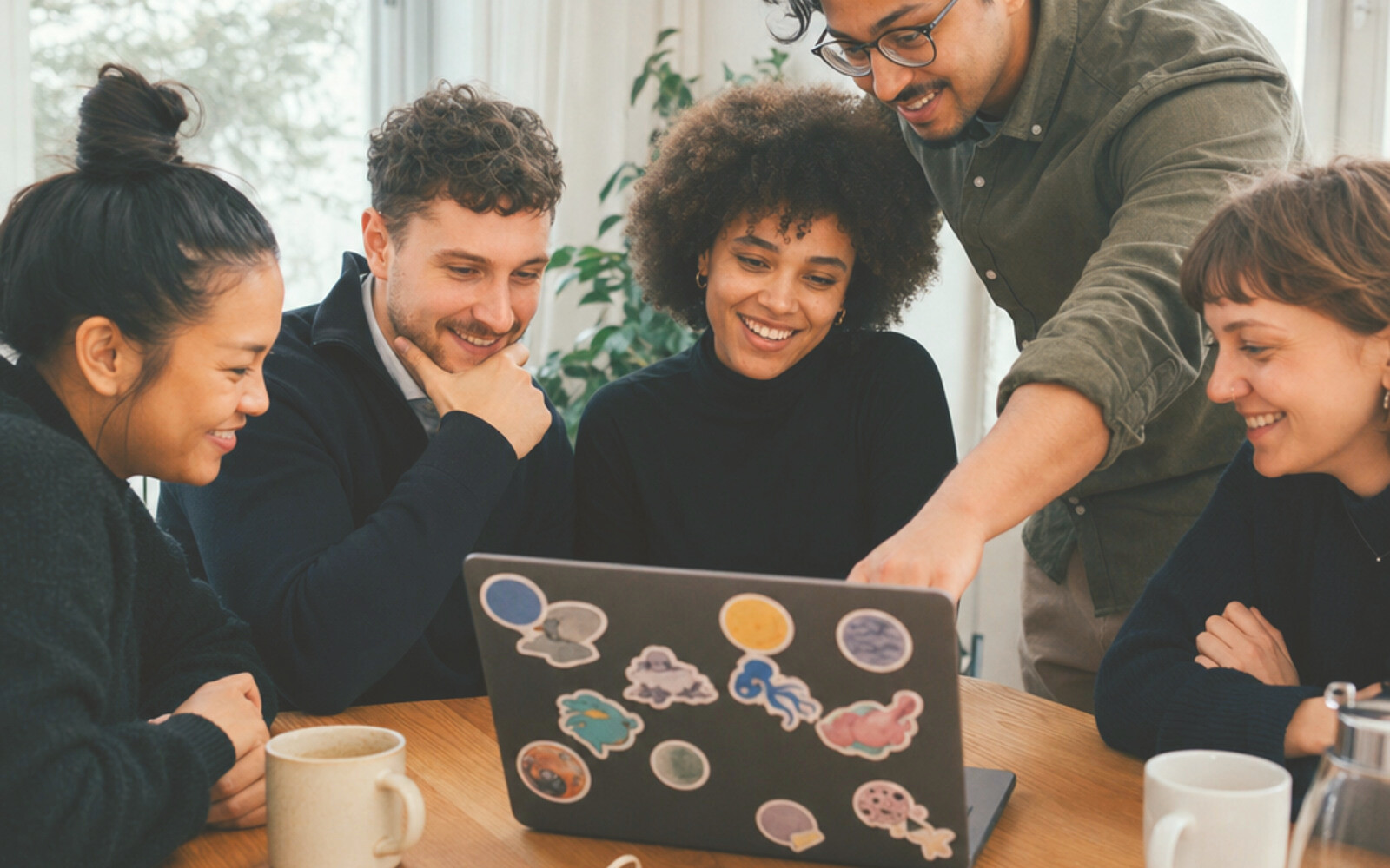 A diverse tech team collaborating around a sticker-covered laptop in a bright office