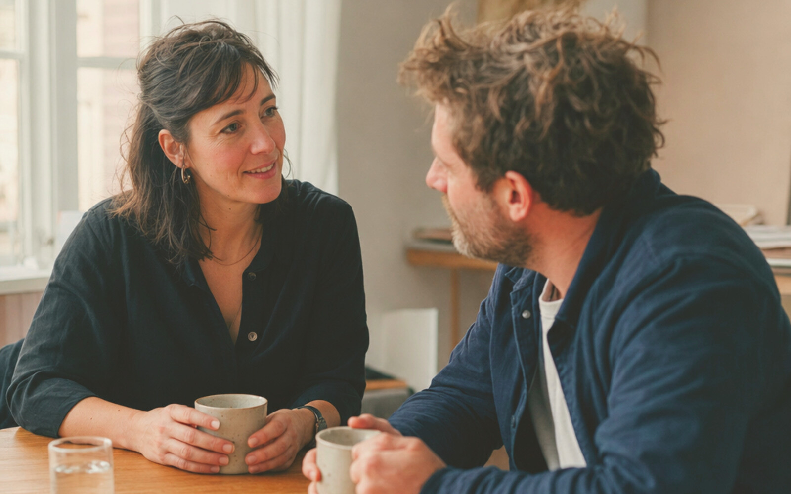 Two professionals in a warm one-to-one conversation over coffee